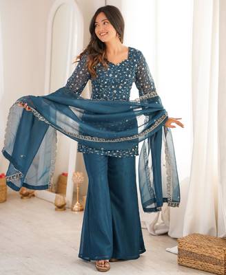 Women's Gorgeous Embroidery Crunchy Silk Fabric Straight Kurta Pant and Dupatta Set 3