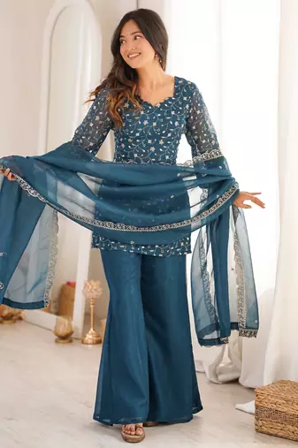 Women's Gorgeous Embroidery Crunchy Silk Fabric Straight Kurta Pant and Dupatta Set