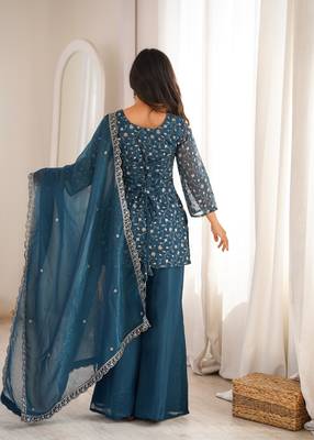 Women's Gorgeous Embroidery Crunchy Silk Fabric Straight Kurta Pant and Dupatta Set 4
