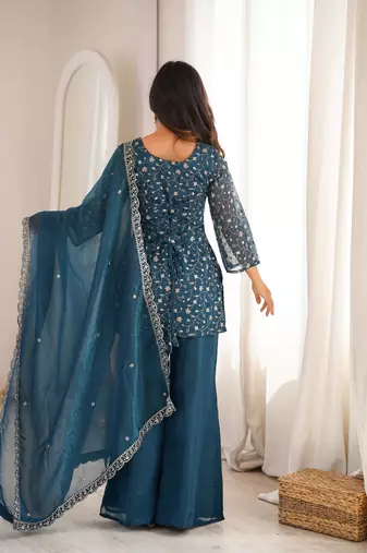 Women's Gorgeous Embroidery Crunchy Silk Fabric Straight Kurta Pant and Dupatta Set