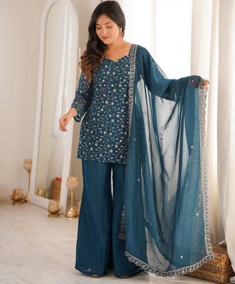 Women's Gorgeous Embroidery Crunchy Silk Fabric Straight Kurta Pant and Dupatta Set 6