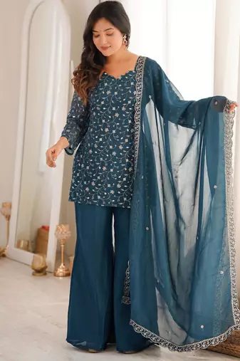 Women's Gorgeous Embroidery Crunchy Silk Fabric Straight Kurta Pant and Dupatta Set