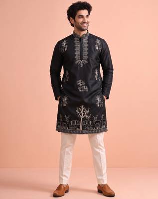 Men embroidered satin fabric embroidered kurta set 1