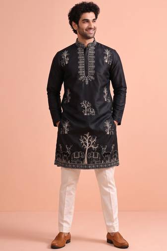 Men embroidered satin fabric embroidered kurta set
