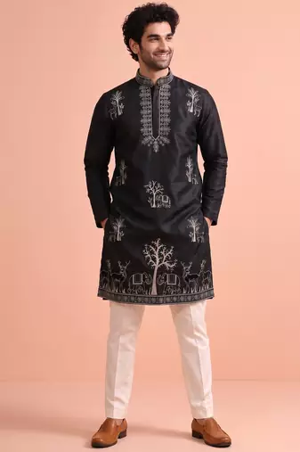Men embroidered satin fabric embroidered kurta set