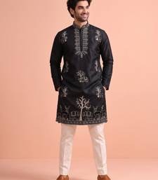 Men embroidered satin fabric embroidered kurta set