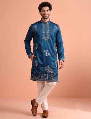 Men embroidered satin fabric embroidered kurta set 2