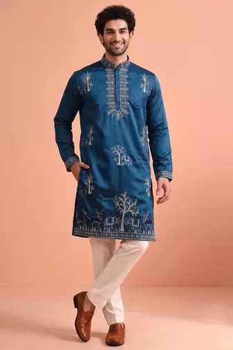 Men embroidered satin fabric embroidered kurta set