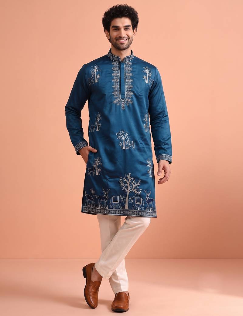 Men embroidered satin fabric embroidered kurta set