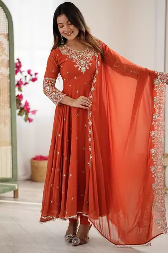 Orange faux blooming anarkali gown set with dupatta
