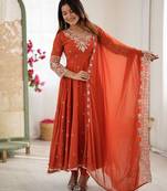 Orange faux blooming anarkali gown set with dupatta