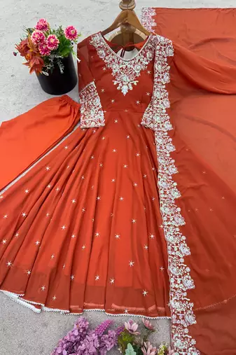 Orange faux blooming anarkali gown set with dupatta