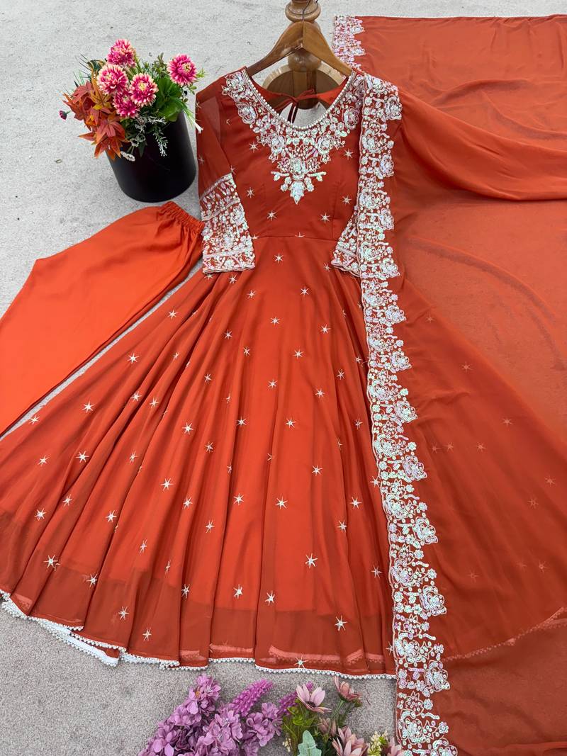 Orange faux blooming anarkali gown set with dupatta