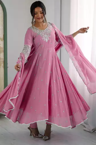 Pink faux blooming anarkali gown set with dupatta