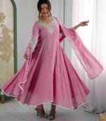 Pink faux blooming anarkali gown set with dupatta