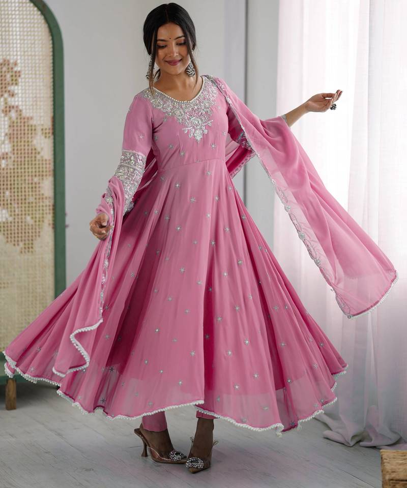 Pink faux blooming anarkali gown set with dupatta