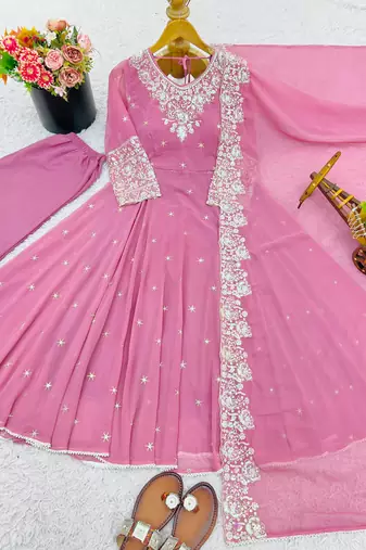 Pink faux blooming anarkali gown set with dupatta