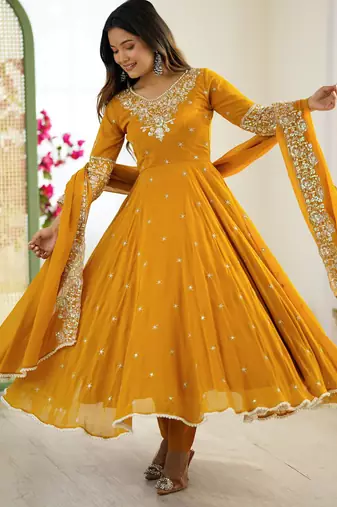 Yellow faux blooming anarkali gown set with dupatta