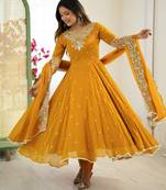 Yellow faux blooming anarkali gown set with dupatta