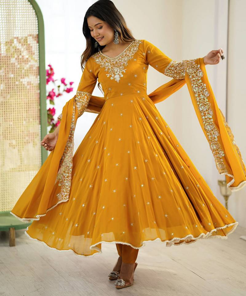 Yellow faux blooming anarkali gown set with dupatta