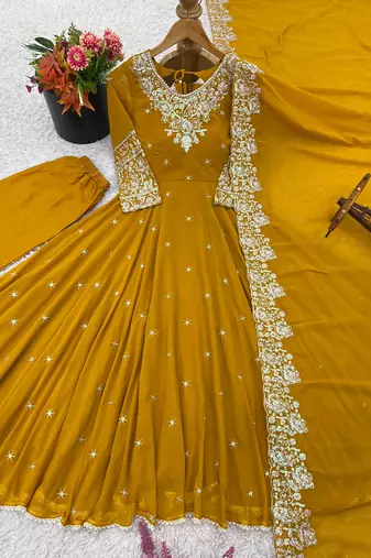 Yellow faux blooming anarkali gown set with dupatta