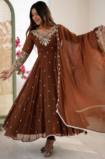 Brown faux blooming anarkali gown set with dupatta