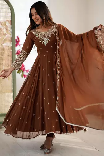 Brown faux blooming anarkali gown set with dupatta