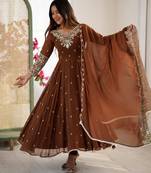 Brown faux blooming anarkali gown set with dupatta