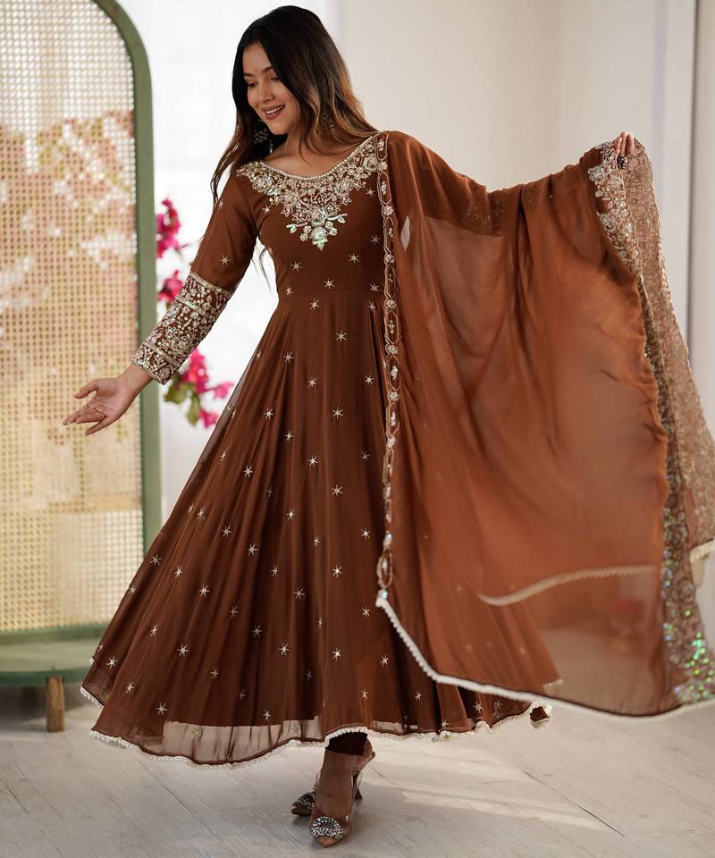 Brown faux blooming anarkali gown set with dupatta