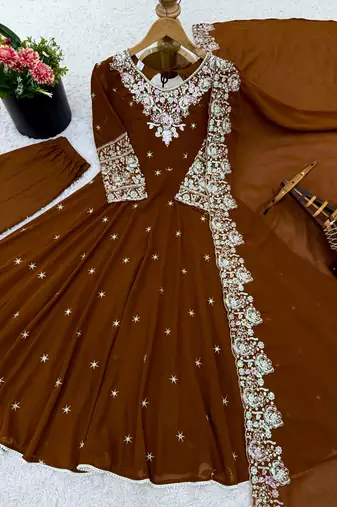 Brown faux blooming anarkali gown set with dupatta