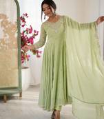 Green faux blooming anarkali gown set with dupatta
