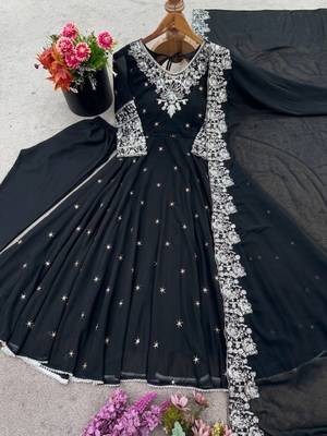 Black faux blooming anarkali gown set with dupatta 2