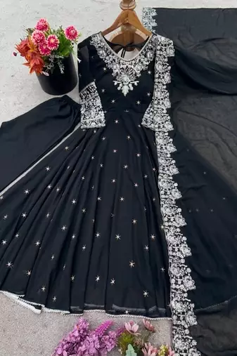 Black faux blooming anarkali gown set with dupatta