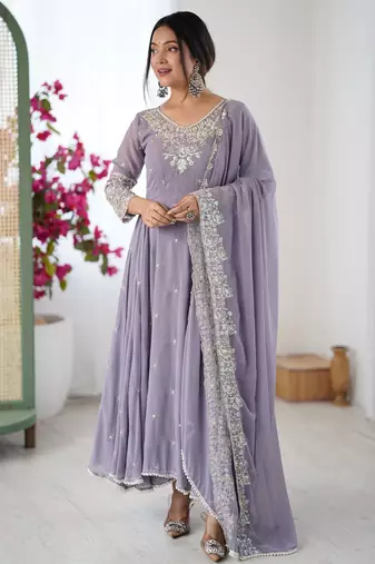 Lavender faux blooming anarkali gown set with dupatta