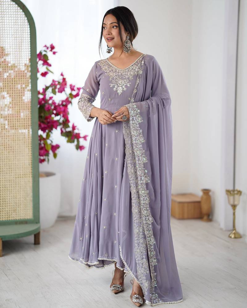 Lavender faux blooming anarkali gown set with dupatta