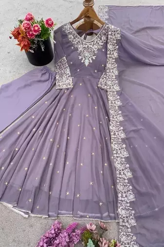 Lavender faux blooming anarkali gown set with dupatta