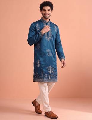 Men embroidered satin fabric embroidered kurta set 3