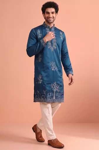 Men embroidered satin fabric embroidered kurta set