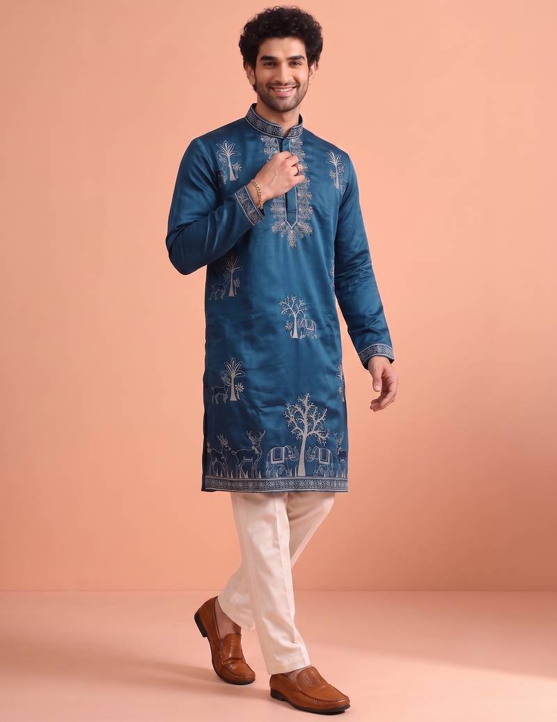 Men embroidered satin fabric embroidered kurta set