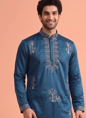 Men embroidered satin fabric embroidered kurta set 4