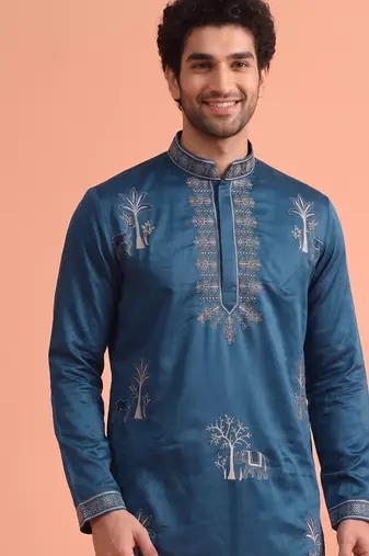 Men embroidered satin fabric embroidered kurta set