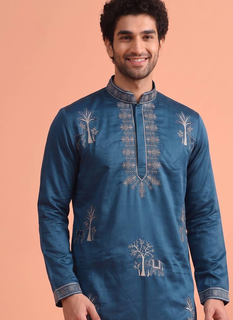 Men embroidered satin fabric embroidered kurta set