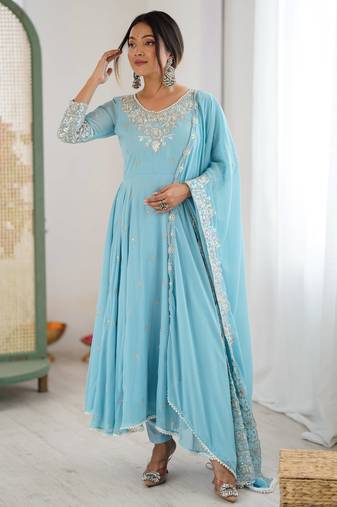 Sky blue faux blooming anarkali gown set with dupatta