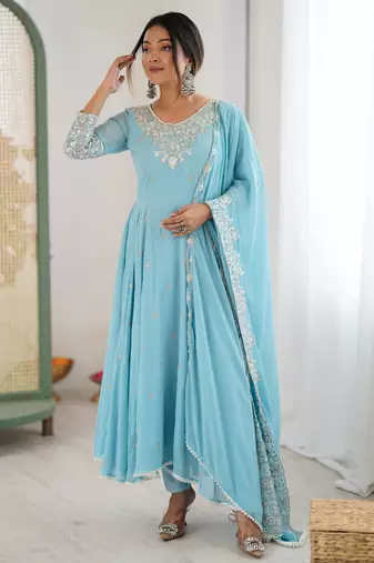 Sky blue faux blooming anarkali gown set with dupatta