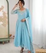 Sky blue faux blooming anarkali gown set with dupatta