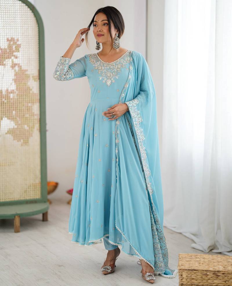 Sky blue faux blooming anarkali gown set with dupatta