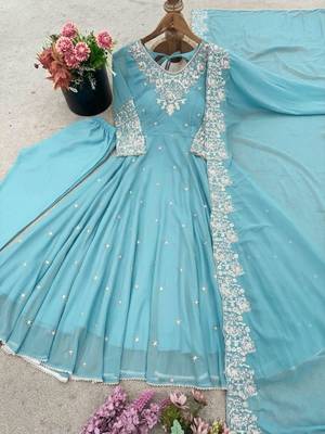Sky blue faux blooming anarkali gown set with dupatta 2