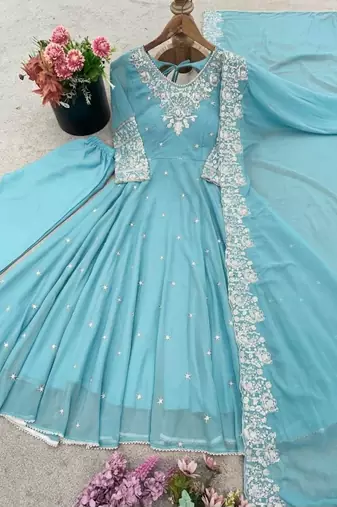 Sky blue faux blooming anarkali gown set with dupatta