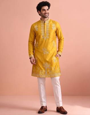 Men embroidered satin fabric embroidered kurta set 2