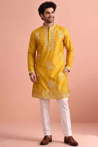 Men embroidered satin fabric embroidered kurta set